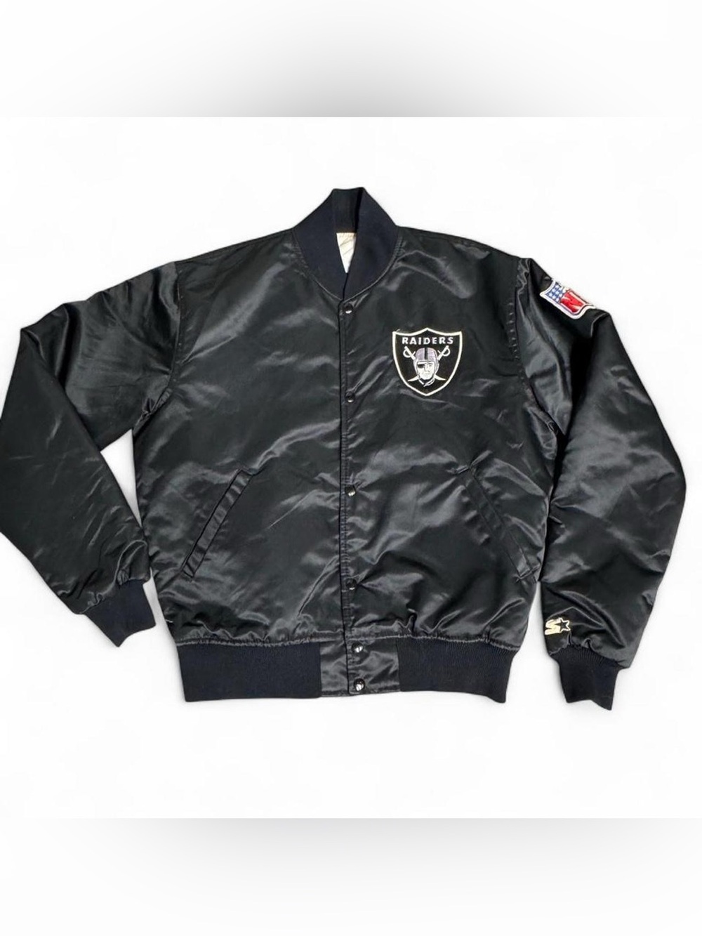 Vintage 80s Oakland Raiders Starter NFL Pro Line Black Satin Bomber Jacket M P6